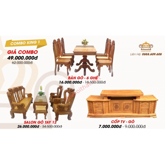 COMBO KING 1 (PHÒNG KHÁCH VIP - GÕ ĐỎ): SALON 12 & BÀN 6 GHẾ & CỐP TV 1M6