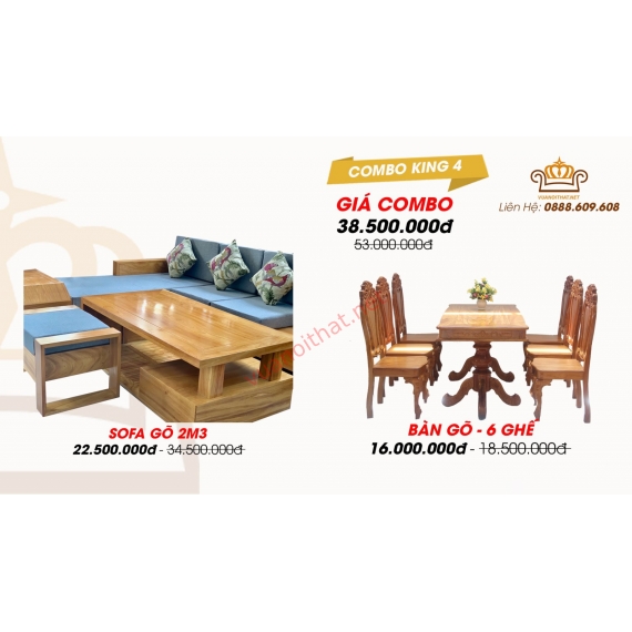 COMBO KING 4 (PHÒNG KHÁCH VIP - GÕ ĐỎ): SOFA GÓC 2M3 & BÀN ĂN 6 GHẾ ĂN