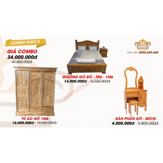 COMBO KING 5 (PHÒNG NGỦ VIP - GÕ ĐỎ): GIƯỜNG 1M6 TRỤ 10 & TỦ ÁO 1M6 & BÀN TRANG ĐIỂM 80CM