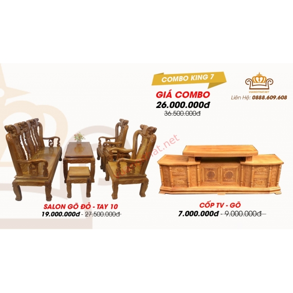 COMBO KING 7 (PHÒNG KHÁCH VIP - GÕ ĐỎ): SALON TAY 10 QUỐC ĐÀO & CỐP TV GÕ ĐỎ 1M6