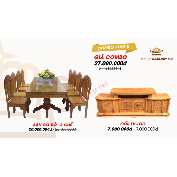 COMBO KING 8 (PHÒNG KHÁCH VIP - GÕ ĐỎ): BÀN 8 GHẾ & CỐP TV 1M6 GÕ ĐỎ