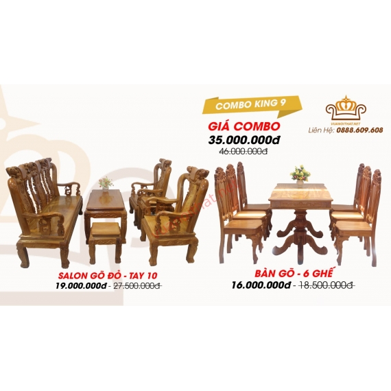 COMBO KING 9 (PHÒNG KHÁCH VIP - GÕ ĐỎ): SALON TAY 10 QUỐC ĐÀO & BÀN ĂN 6 GHẾ VUÔNG