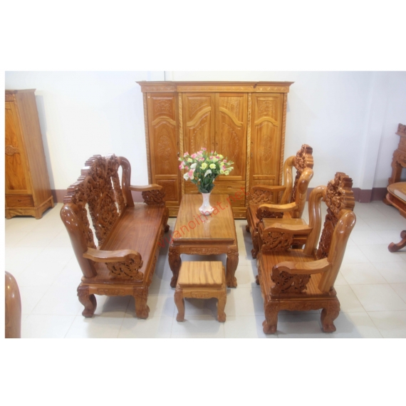 SALON RỒNG TỨ LINH - TAY 12 RỒNG - GÕ ĐỎ 