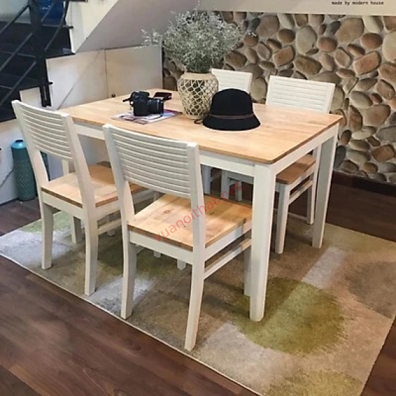 BỘ BÀN ĂN GỖ CAO SU 1M2 4 GHẾ TRẮNG