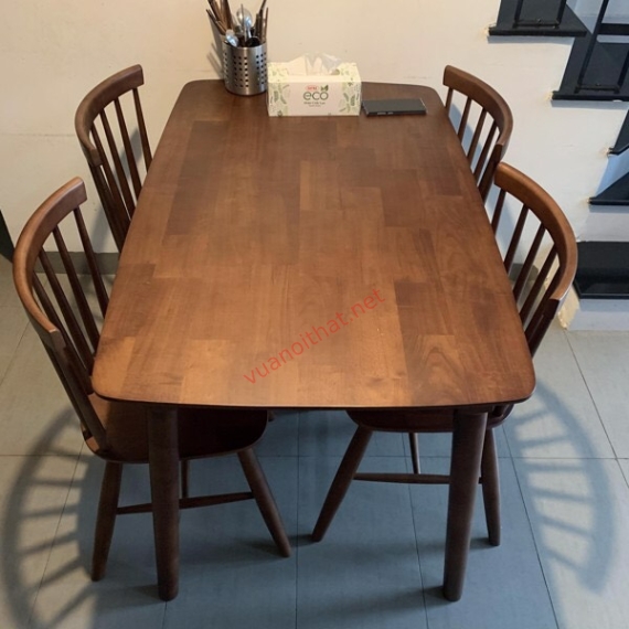 BỘ BÀN ĂN GỖ CAO SU 1M2 4 GHẾ 7 NAN NẬU ĐẬM