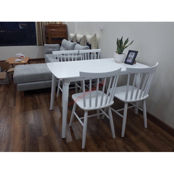 BỘ BÀN ĂN GỖ CAO SU 1M2 4 GHẾ 7 NAN TRẮNG