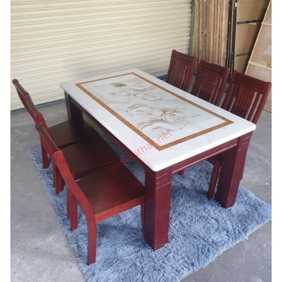 BÀN ĂN MẶT ĐÁ CAO CẤP GỖ CAO SU 1M6 6 GHẾ MÀU TRẮNG NÂU ĐỎ MÃ BADA-002