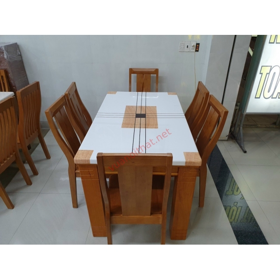 BÀN ĂN MẶT ĐÁ CAO CẤP GỖ CAO SU 1M6 6 GHẾ MÀU TRẮNG NÂU VÀNG HOẠ TIẾT VUÔNG